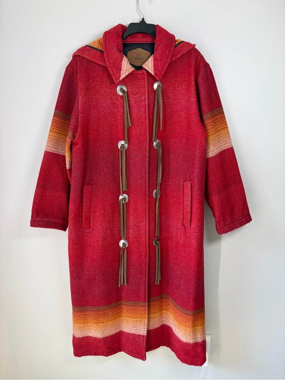 Vintage Woolrich Red Southwestern Aztec Print Hooded Wool Blend Long Length Coat
